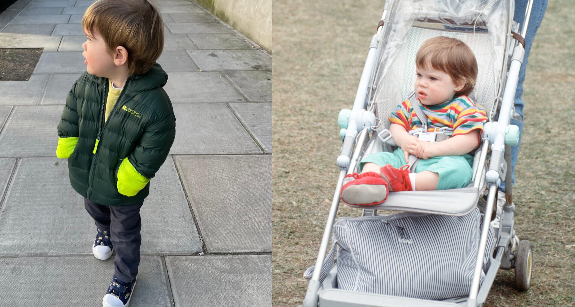 Ernest Brooksbank wearing a green coat next to a photo of baby Princess Eugenie in a stroller