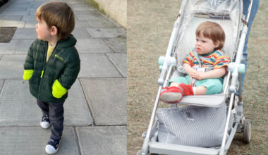 Ernest Brooksbank wearing a green coat next to a photo of baby Princess Eugenie in a stroller