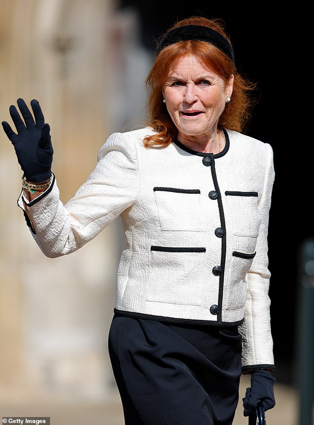 In tune with her mother, Sarah Ferguson, 65, also went for a white outfit, donning a Chanel-inspired boxy jacket over a black dress with matching gloves