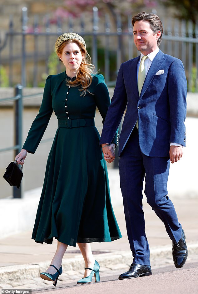 Matching her aunt's green-themed outfit, Princess Beatrice, 36, opted for a bottle green dress from Ahana Chambreas she walked hand in hand with her husband Edoardo Mapelli Mozzi