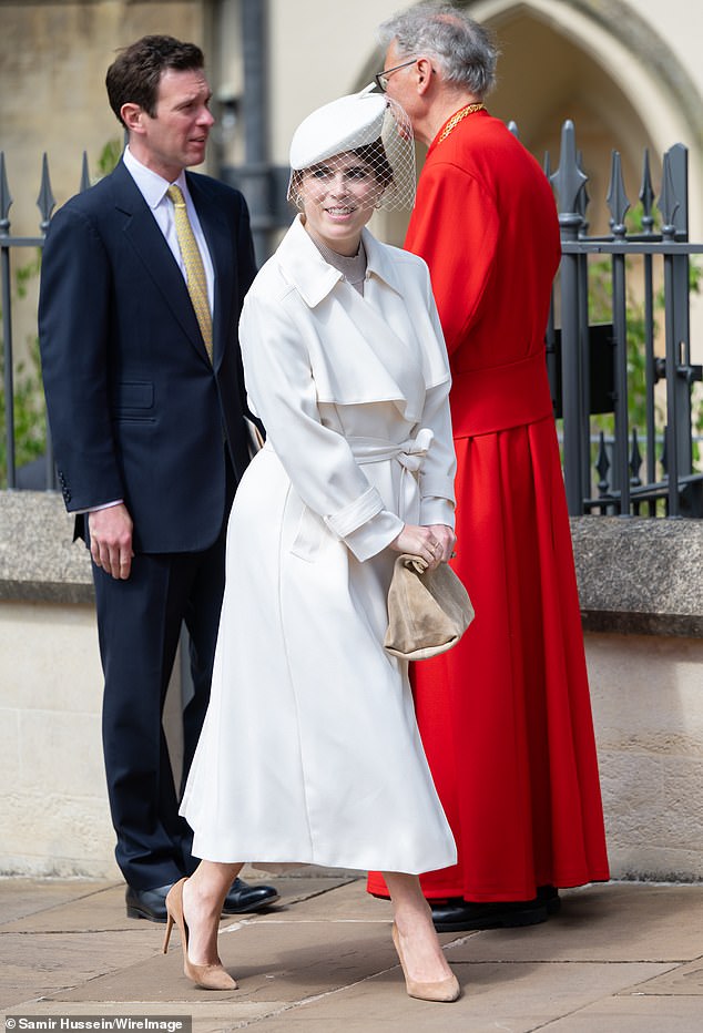 Princess Eugenie, 35, went one step further with her light colour choice, opting for a brilliant off-white trench coat from Reiss and matching beret-style hat with a veil from Emily-London headwear