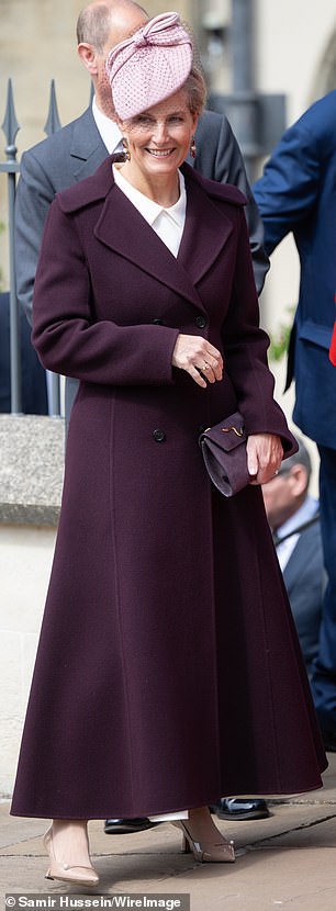 Meanwhile Sophie, Duchess of Edinburgh, 60, went for deeper and richer tones, wearing a deep burgundy coat over a white collared dress