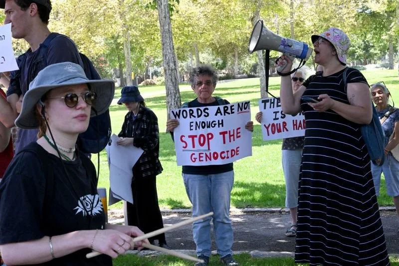Demonstrators changed and banged drums while “protesting the U.S. funding and support of the genocide,” the group Voice Against War posted on Instagram.
Photo by Debbie Hill/UPI