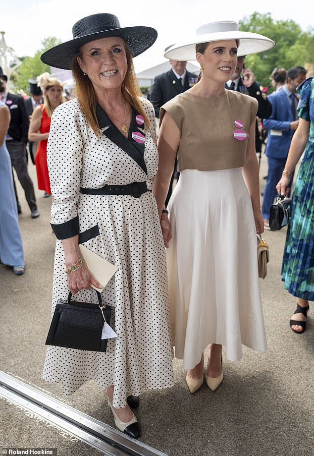 Spot on! Sarah stunned in a polka dot dress while Eugenie looked chic in a white and brown frock