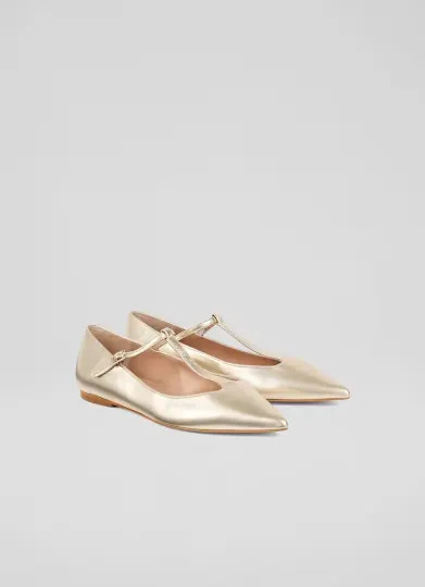 L.K. Bennett gold T-strap flats