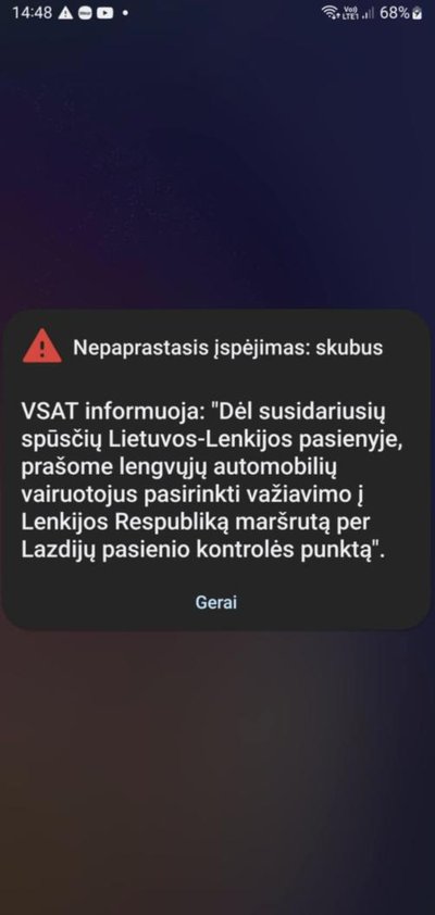 Dalį gyventojų pasiekė įspėjimas: vykstančius į Lenkiją ragina rinktis Lazdijų pasienio kontrolės punktą