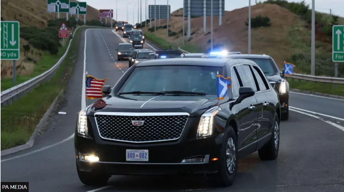 Trump broke convention and flew the Saltire as part of his motorcade arrival rather than the Union Jack.