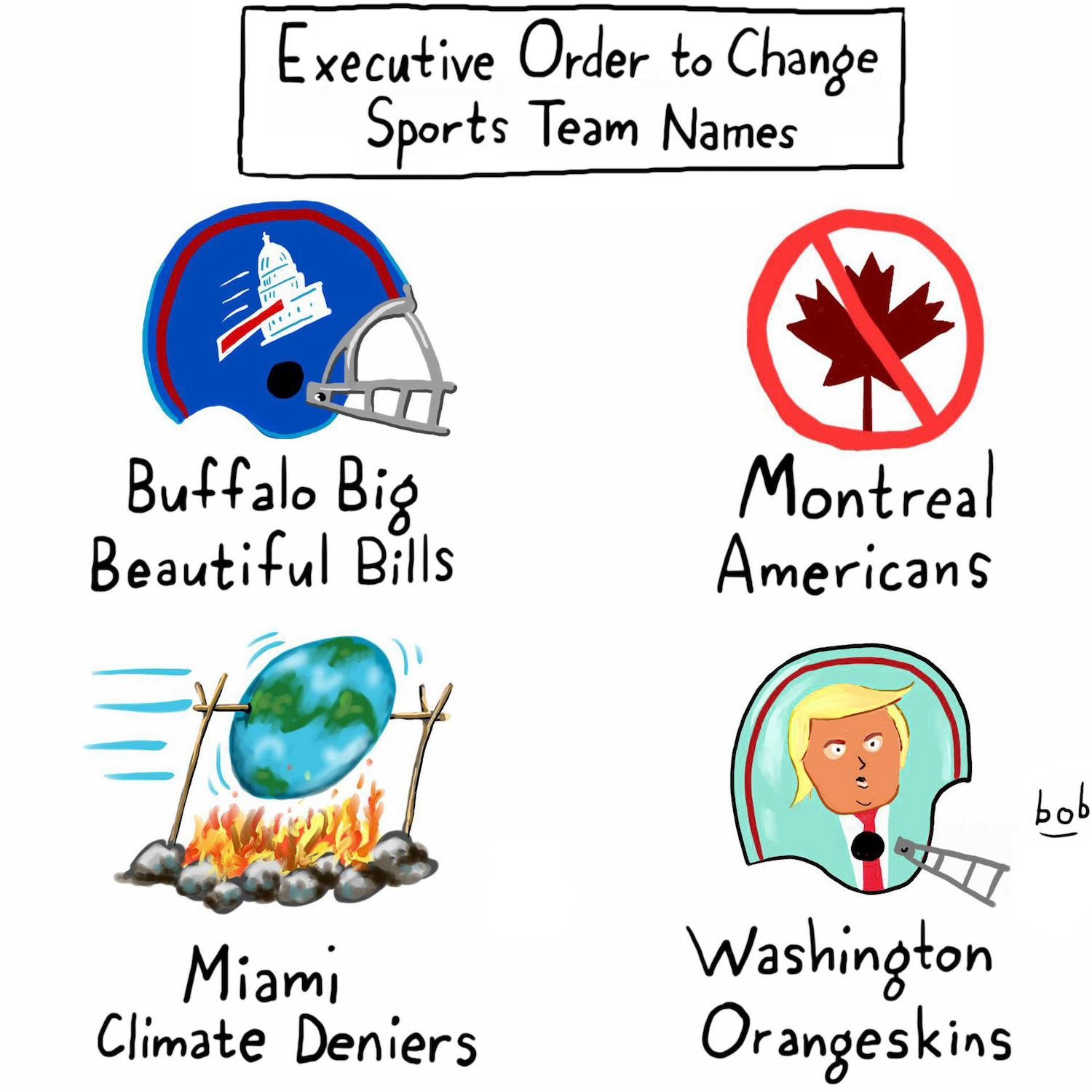 The heading reads “Executive Order to Change Sports Team Names.” Four examples are given alongside drawings of helmets...