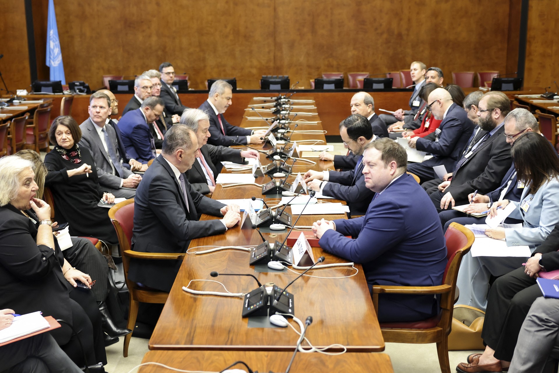 UN Secretary-General Antonio Guterres hosts a meeting with Greek Cyprus leader Nikos Christodoulides, and Turkish Cypriot President Ersin Tatar at the United Nations in Geneva on March 18, 2025. (AFP Photo)