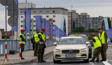Polish border guards check cars at the Polish-German border in Slubice, western Poland