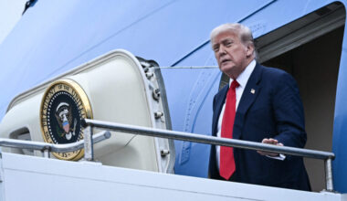 U.S. president Donald Trump disembarks from Air Force One upon his arrival at Prestwick Airport, south of Glasgow on July 25, 2025