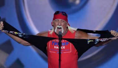 Hulk Hogan tears off his shirt while speaking on the final night of the Republican National Convention on Thursday, July 18, 2024, in Milwaukee. (AP Photo/J. Scott Applewhite)