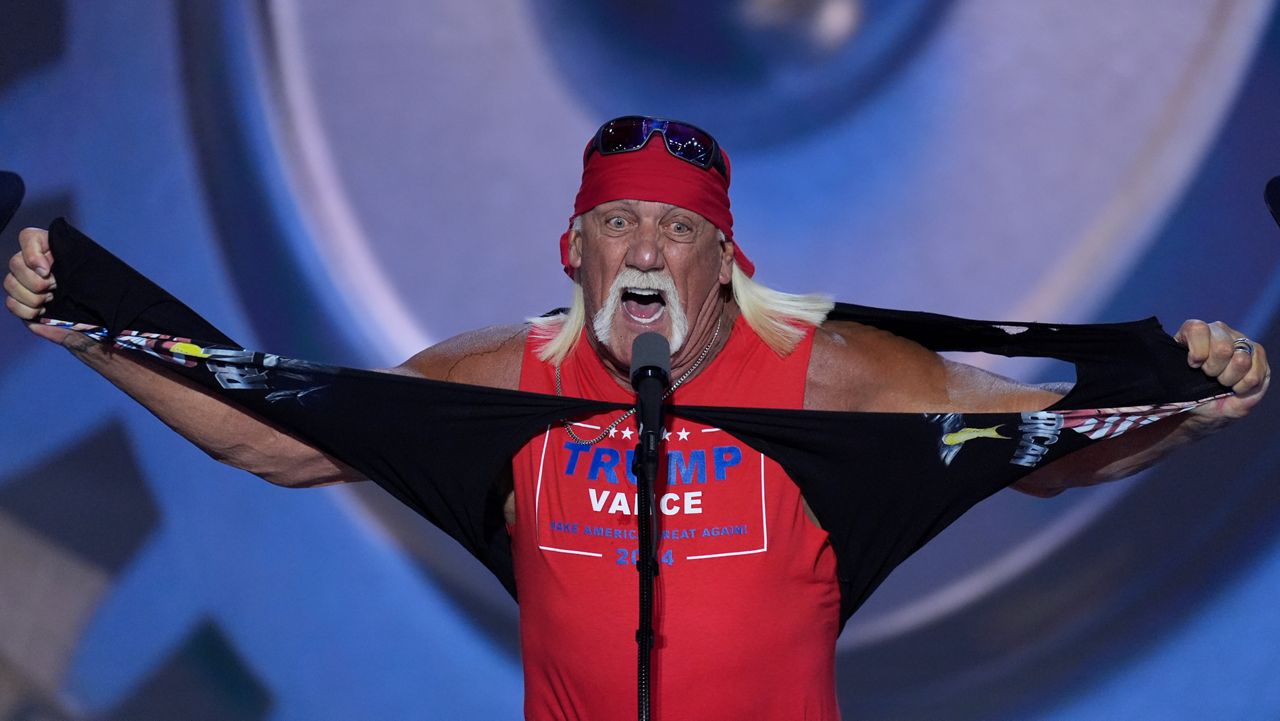 Hulk Hogan tears off his shirt while speaking on the final night of the Republican National Convention on Thursday, July 18, 2024, in Milwaukee. (AP Photo/J. Scott Applewhite)