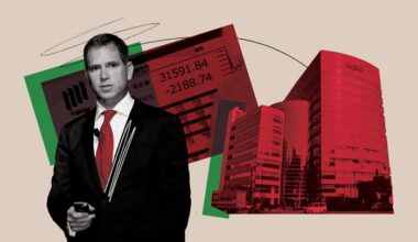 A collage shows an executive wired with a mic, an office building, and a stock price chart.