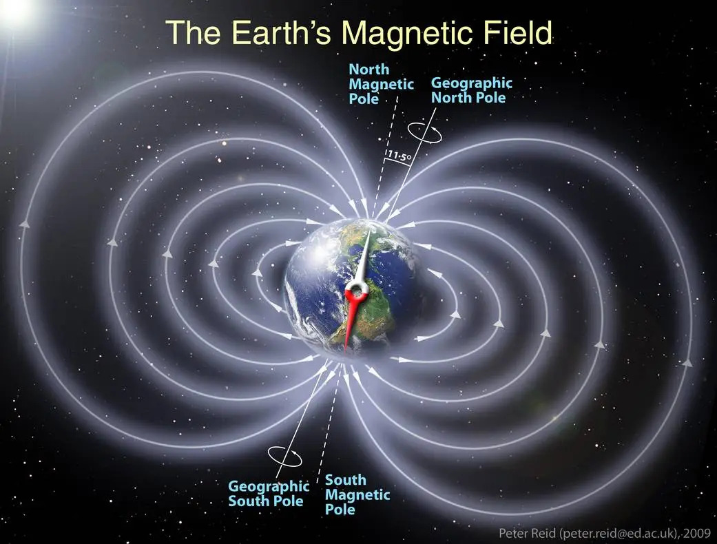 An infographic showing the Earth's magnetic field and its corresponding magnetic poles