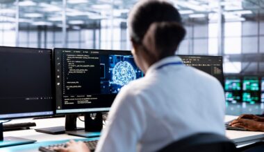 Woman at desk in data center using AI software.