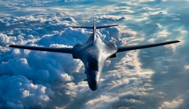 A U.S. Air Force B-1B Lancer assigned to the 34th Expeditionary Bomb Squadron, Ellsworth Air Force Base, South Dakota, flies over the United States, July 2, 2025. The B-1B is a heavy bomber with up to a 75,000 pound payload. (U.S. Air National Guard photo by Airman Spencer Strubbe)