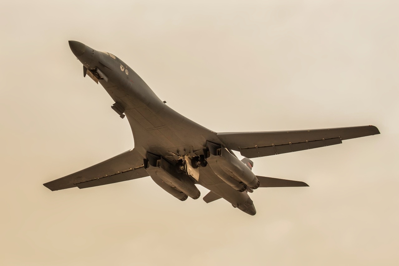A B-1B Lancer aircraft from the 34th Bomb Squadron departs from Al Udeid Air Base, Qatar, April 8, 2017. This departure marks the airframe’s first mission in the U.S. Air Force Central Command's area of operations in more than two years. (U.S. Air Force photo by Staff Sgt. Joshua Horton)