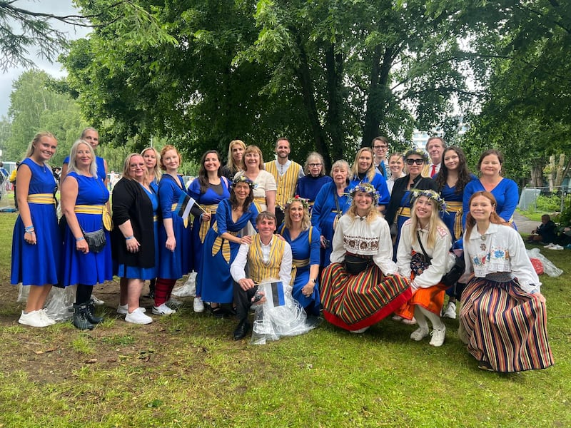 Former missionary Lance McGavin, back center, poses with the New York Estonian Mixed Choir at the Tallinn Song Festival Grounds in Tallinn, Estonia, July 5, 2025.
