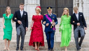 Princess Eleonore, Prince Gabriel, Queen Mathilde, King Phiippe, Princess Elisabeth and Prince Emmanuel of Belgium arrive for the Te Deum as they attend the National Day ceremony