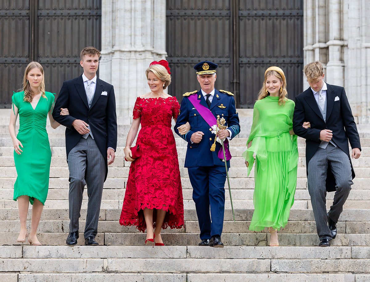 Princess Eleonore, Prince Gabriel, Queen Mathilde, King Phiippe, Princess Elisabeth and Prince Emmanuel of Belgium arrive for the Te Deum as they attend the National Day ceremony