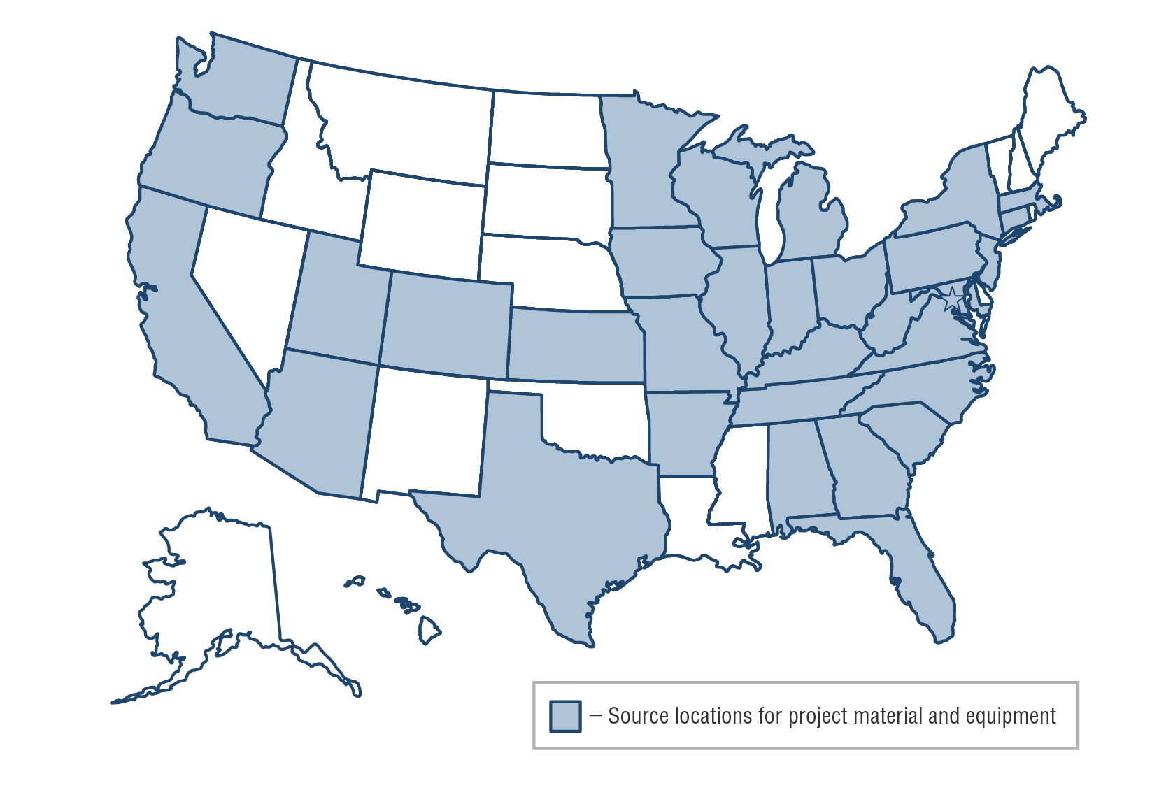 Map of the United States of America with 32 states and the District of Columbia highlighted as source locations for project material and equipment. The states are Alabama, Arizona, Arkansas, California, Colorado, Connecticut, Florida, Georgia, Illinois, Indiana, Iowa, Kansas, Kentucky, Maryland, Massachusetts, Michigan, Minnesota, Missouri, New Jersey, New York, North Carolina, Ohio, Oregon, Pennsylvania, South Carolina, Tennessee, Texas, Utah, Virginia, Washington, West Virginia, and Wisconsin.