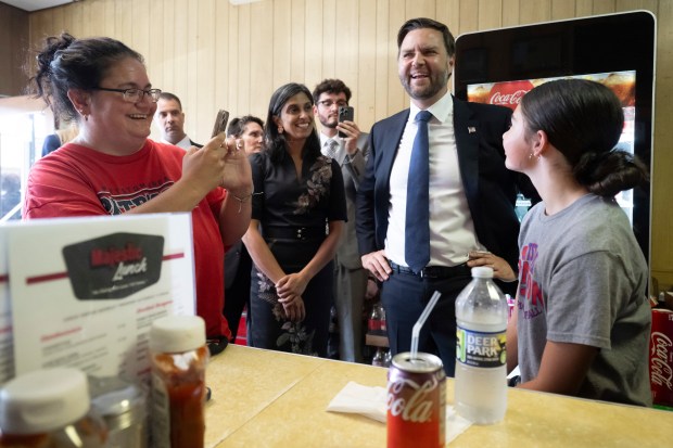Vice President JD Vance and second lady Usha Vance, greet...