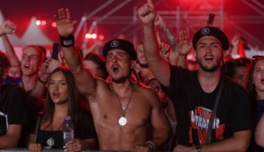 Croatian right-wing singer Marko Perkovic and fans perform pro-Nazi salute at massive concert