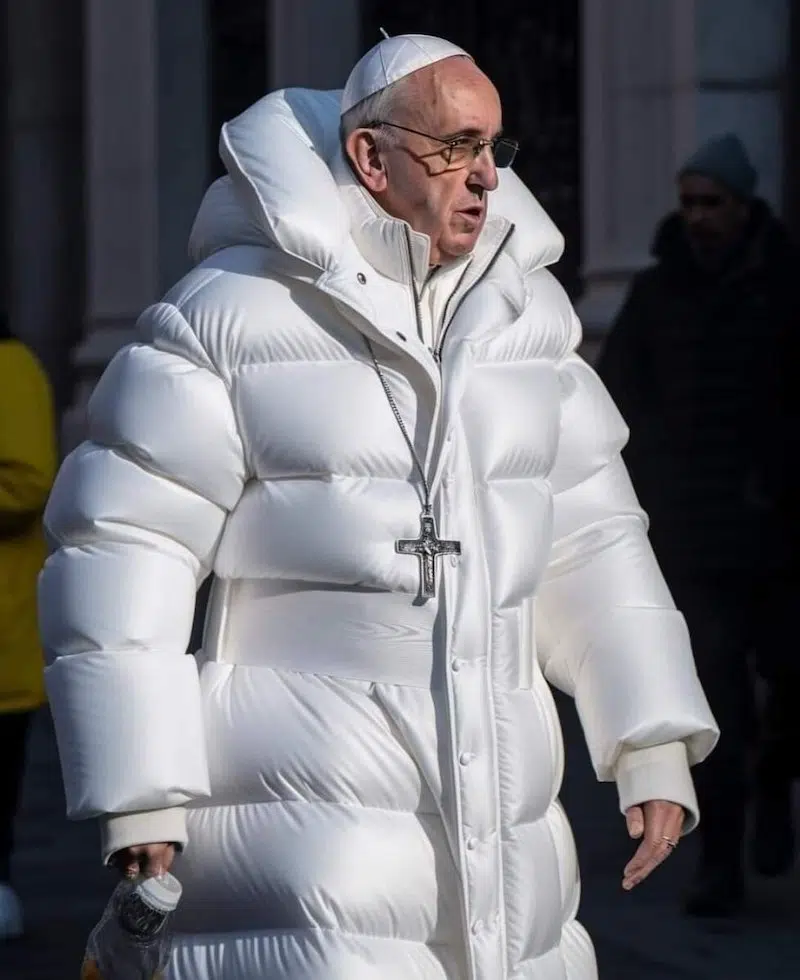 AI generated image of Pope Francis wearing a puffy winter jacket