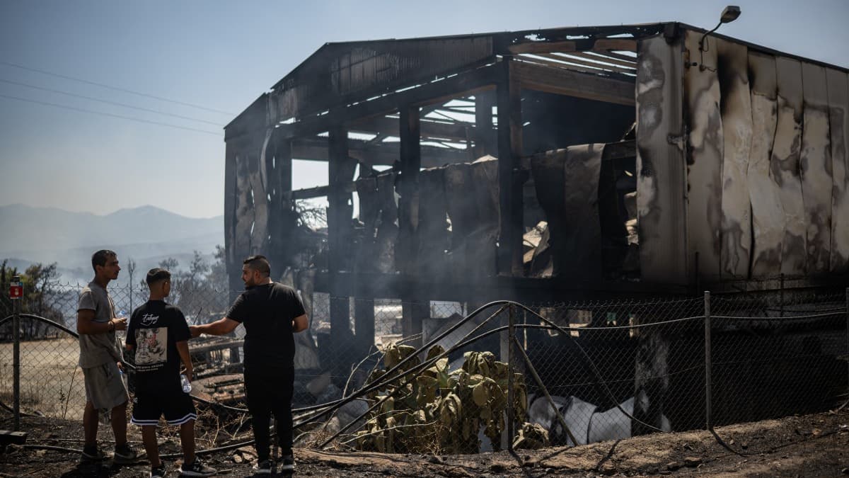 Des habitants se tiennent devant un abattoir incendié à la suite d'un incendie de forêt près du village de Psachna, en Grèce, le 27 juillet 2025.