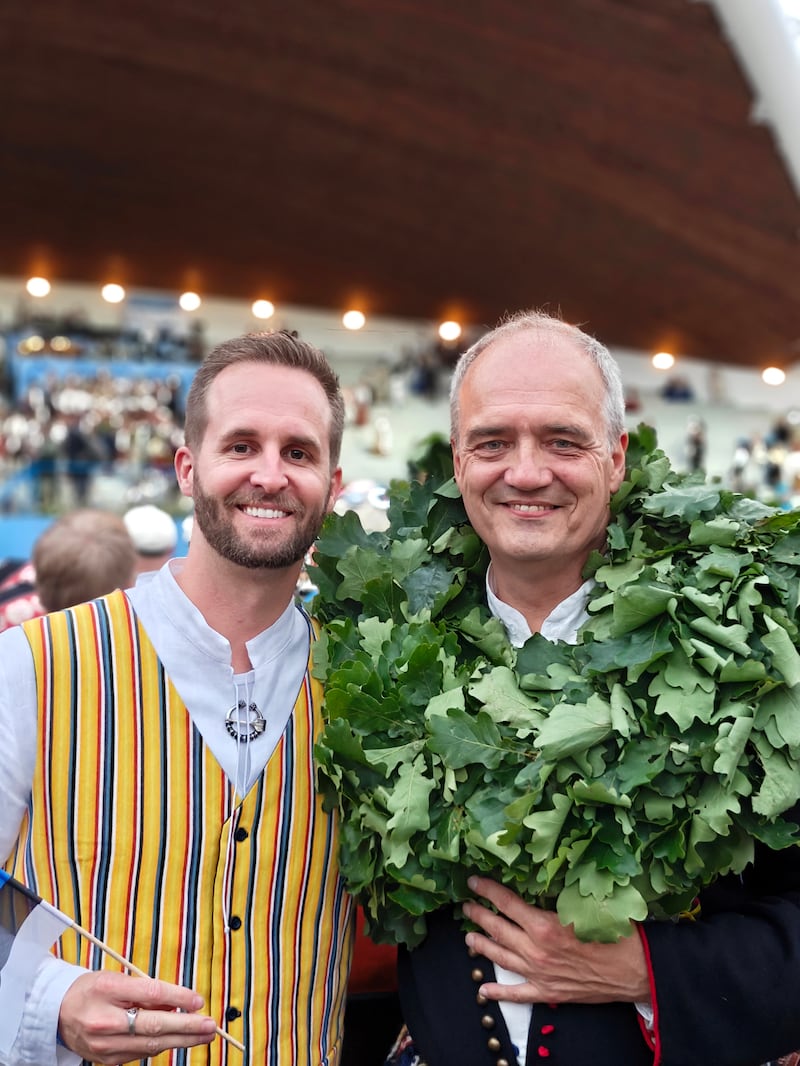Lance McGavin with Estonian Conductor Hirvo Surva following the Estonian Song Festival at the Tallinn Song Festival Grounds in Tallinn, Estonia, July 6, 2025.