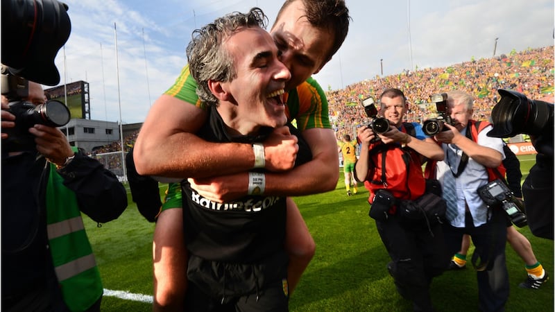 The best of times: Murphy and Jim McGuinness celebrating after winning the All-Ireland in 2012. Photograph: Dara Mac Donaill/The Irish Times