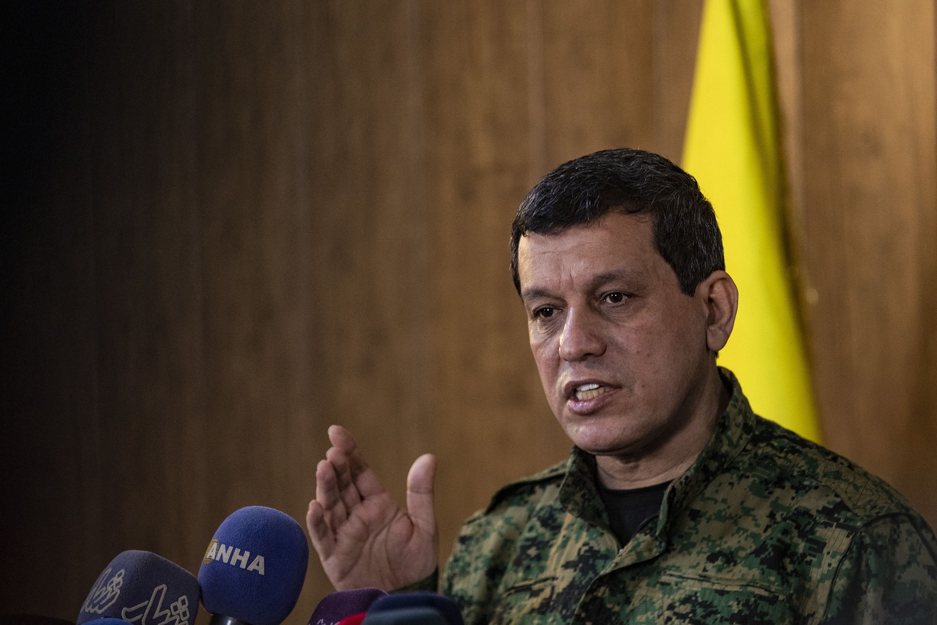 Ferhat Abdi Sahin, code-named Mazlum Kobani or also known as Mazloum Abdi one of the ringleaders of the terrorist organization YPG/PKK and the so-called commander of the SDF speaking in Syria on Dec. 6 2024 (AFP Photo)