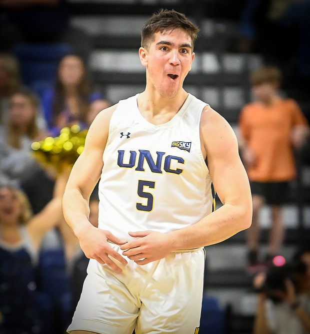 University of Northern Colorado senior Quinn Denker reacts after hitting a 3-point shot against Northern Arizona at the Bank of Colorado Arena in Greeley on Saturday Feb. 1, 2025.(Jim Rydbom/Staff Photographer)