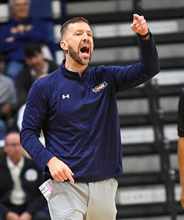 University of Northern Colorado head mens basketball coach Steve Smiley directs his team while playing Weber State at Bank of Colorado Arena of Thursday Jan. 2, 2024. The Bears won 89-72.(Jim Rydbom/Staff Photographer)
