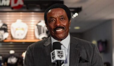 LOS ANGELES, CA - NOVEMBER 18: Bally Sports West Patrick O'Neal and Jim Hill speak on the pregame show prior to the game between the St. Louis Blues and the Los Angeles Kings at Crypto.com Arena on November 18, 2023 in Los Angeles, California. (Photo by Juan Ocampo/NHLI via Getty Images)