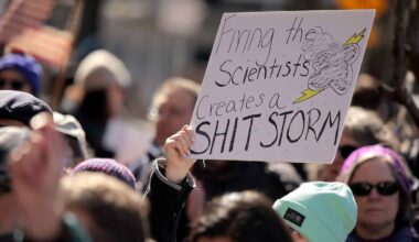 Hundreds of demonstrators gather to protest against Department of Government Efficiency (DOGE) cuts outside the headquarters of the National Oceanic and Atmospheric Administration on March 3, 2025, in Silver Spring, Maryland.