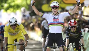 Tour de France stage four: Tadej Pogacar wins sensational finale in Rouen to bring up 100 career victories