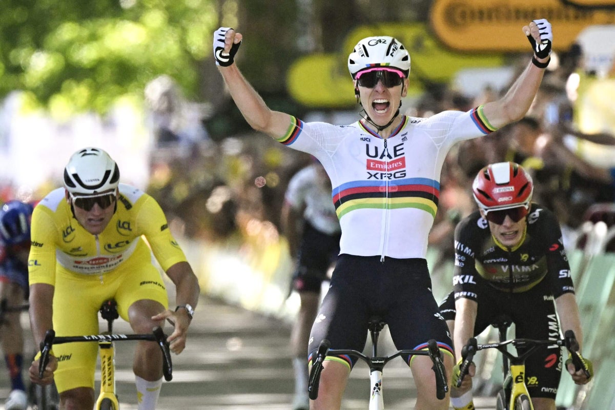 Tour de France stage four: Tadej Pogacar wins sensational finale in Rouen to bring up 100 career victories