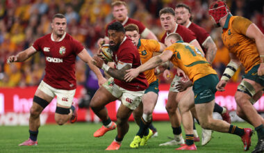 Bundee Aki of the British & Irish Lions runs with the ball during the first 2025 Test against Australia.