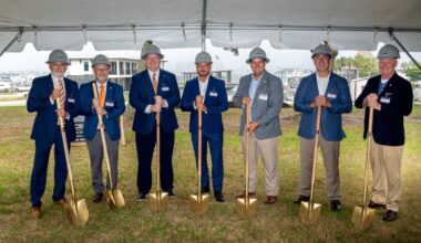 Auburn University administrators and Orange Beach city leaders break ground on the Auburn University Gulf Coast Engineering Research Station at Terry Cove in Orange Beach in July 2025.