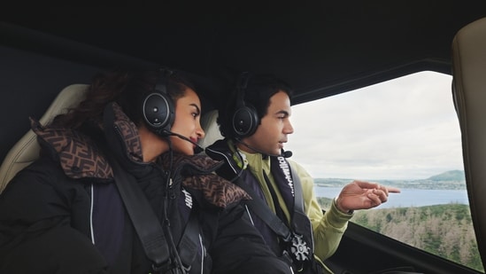 Patralekhaa and Rajkummar Rao riding in a helicopter by Lake Taupō, New Zealand. 