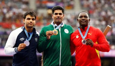 Gold medallist Arshad Nadeem of Pakistan celebrates with his medal on the podium with Silver medallist Neeraj Chopra of India (file photo)