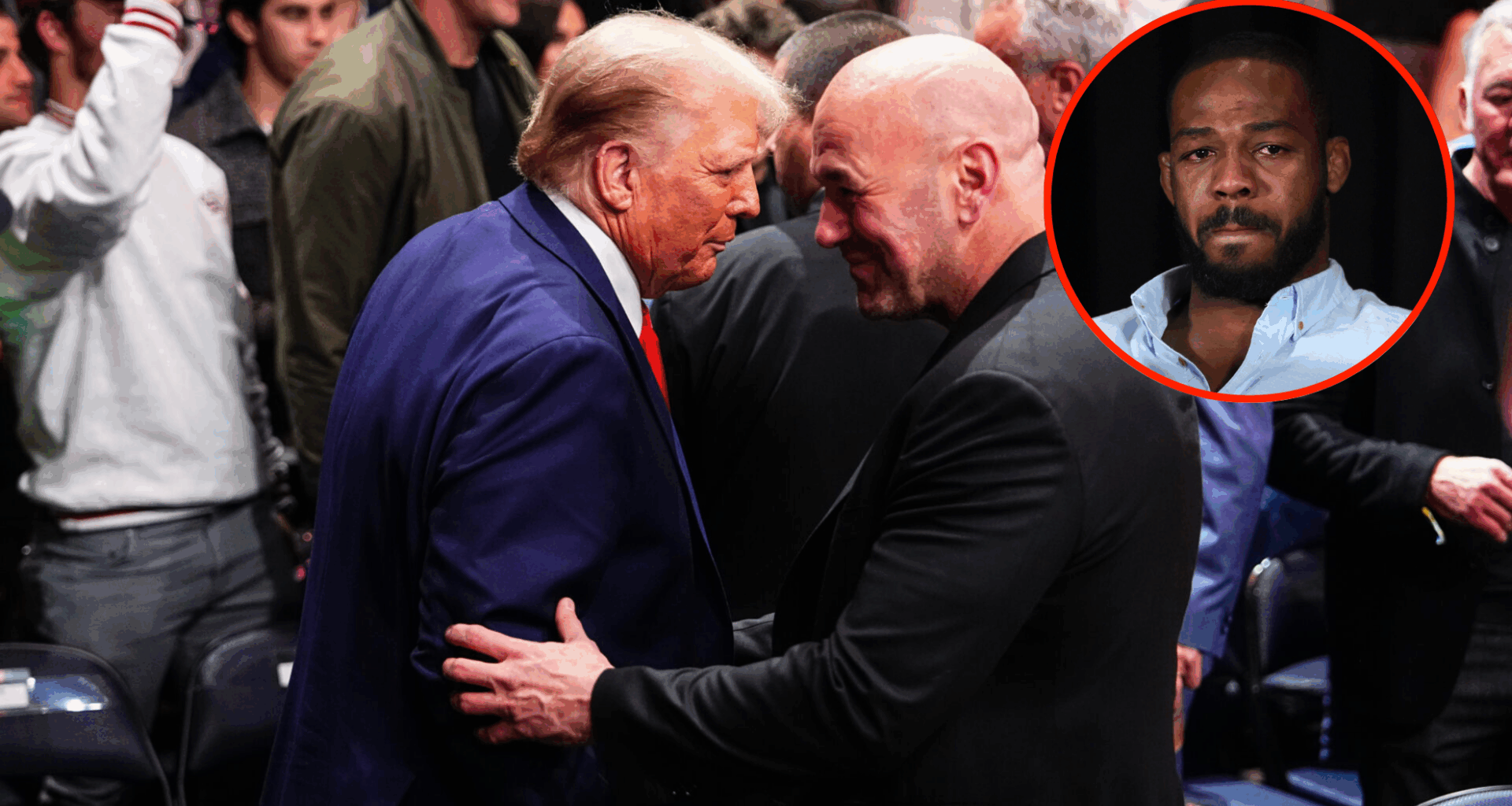 Donald Trump and Dana White shaking hands at a UFC event, with bubble showing Jon Jones crying