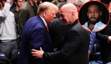 Donald Trump and Dana White shaking hands at a UFC event, with bubble showing Jon Jones crying