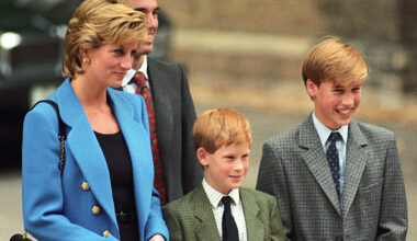 Princess Diana wears a blue suit jacket while posing with young sons Prince Harry and Prince William who wear gray suits during a visit to Eton school