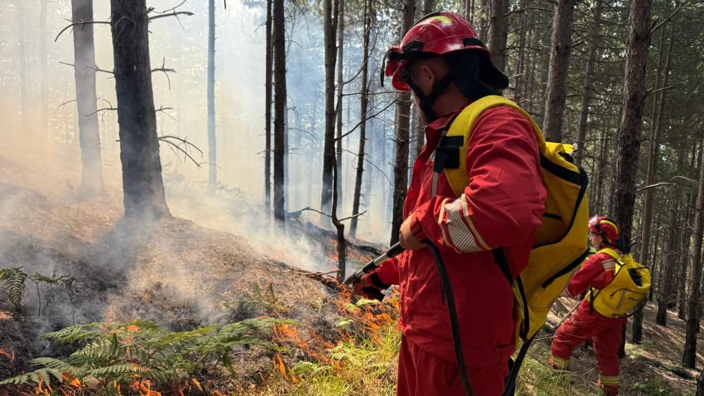 Les pompiers s'efforcent de maîtriser un incendie de forêt alors que les opérations de lutte contre les incendies se poursuivent dans toute l'Albanie, ce 25 juillet 2025.