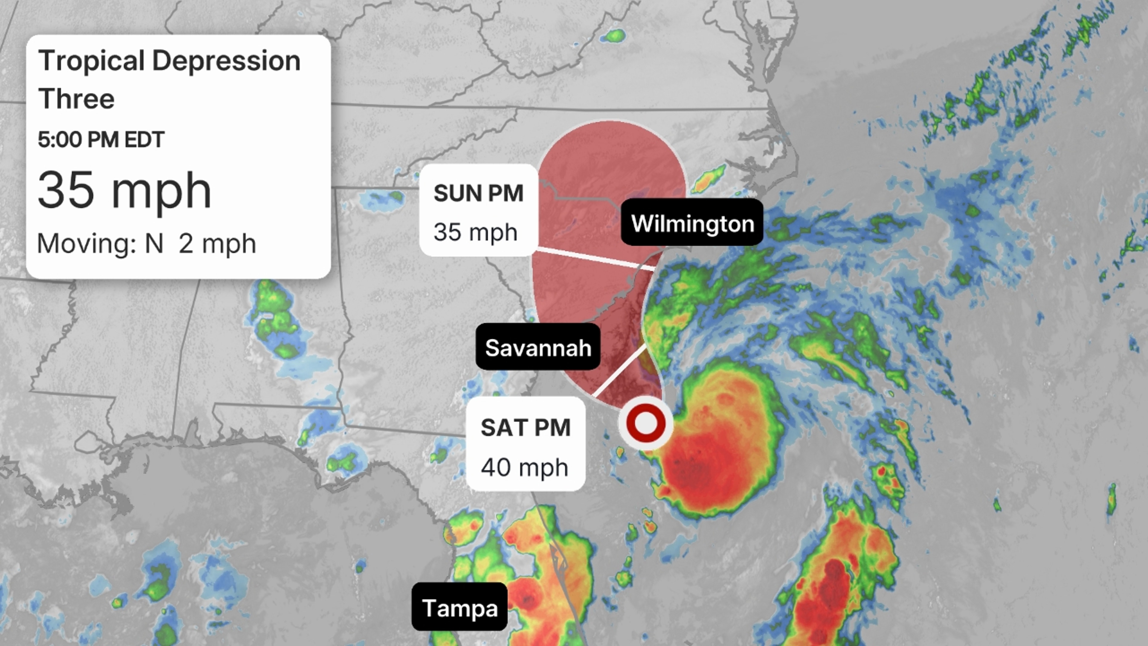 The red-shaded area denotes the potential path of the center of the tropical cyclone. It's important to note that impacts (particularly heavy rain, high surf, coastal flooding, winds) with any tropical cyclone usually spread beyond its forecast path.