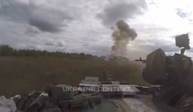 Ukrainian T-72B1 destroyed a Russian BMD and hit enemy positions from close distance. Date and location not disclosed.