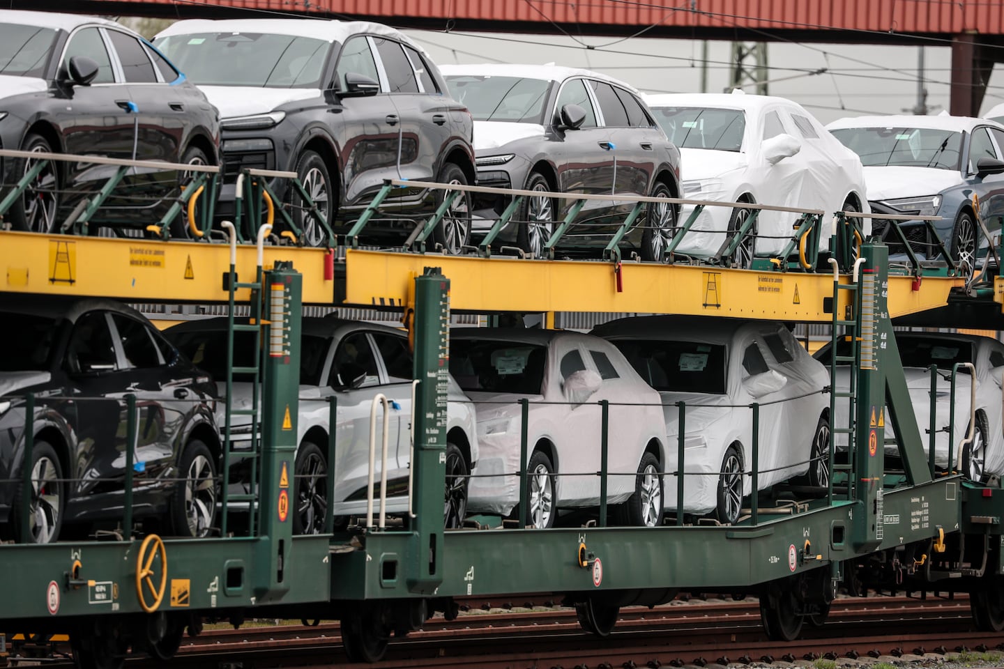 Cars from German car maker Audi destined for export were on freight wagons at the Bremerhaven port in April.